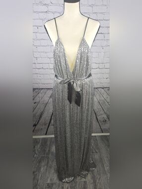 Southern Fried Chics Silver Sequin Deep V Evening Dress